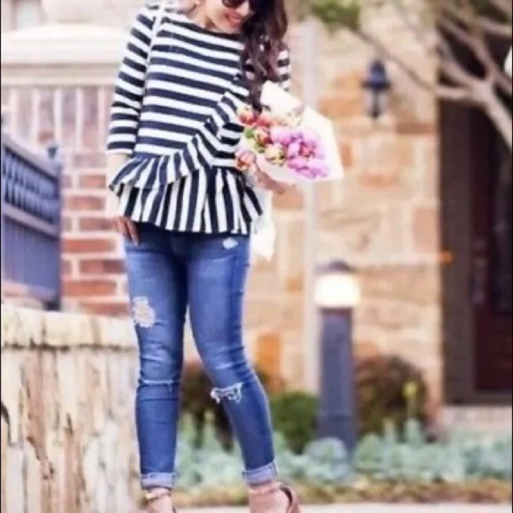 JCrew Asymmetrical Striped Ruffle Top Navy Muslin S